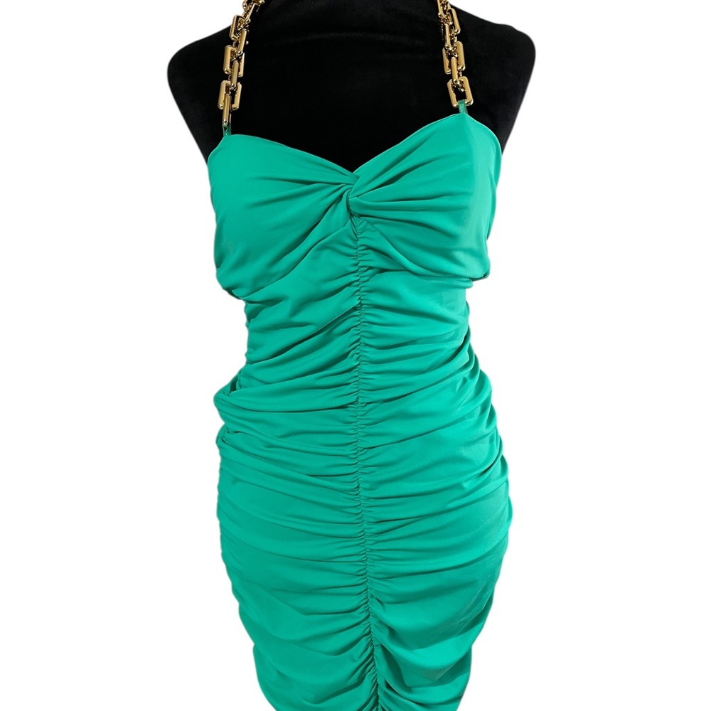 Green Ruched Dress with Gold Chain halter Straps, Large,New